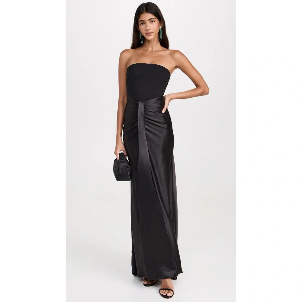STAUD Wayfaring Maxi Dress (Sz 0) Strapless Ruched Ponte Satin Gown Black - Picture 2 of 16